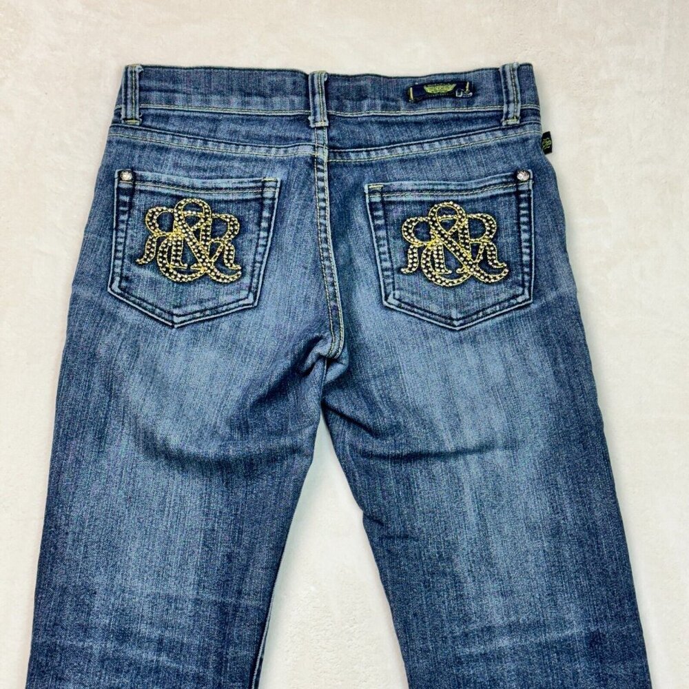 ROCK & REPUBLIC Denim Blue Jeans Boot Logo Stitched on Pockets Women’s Size 26